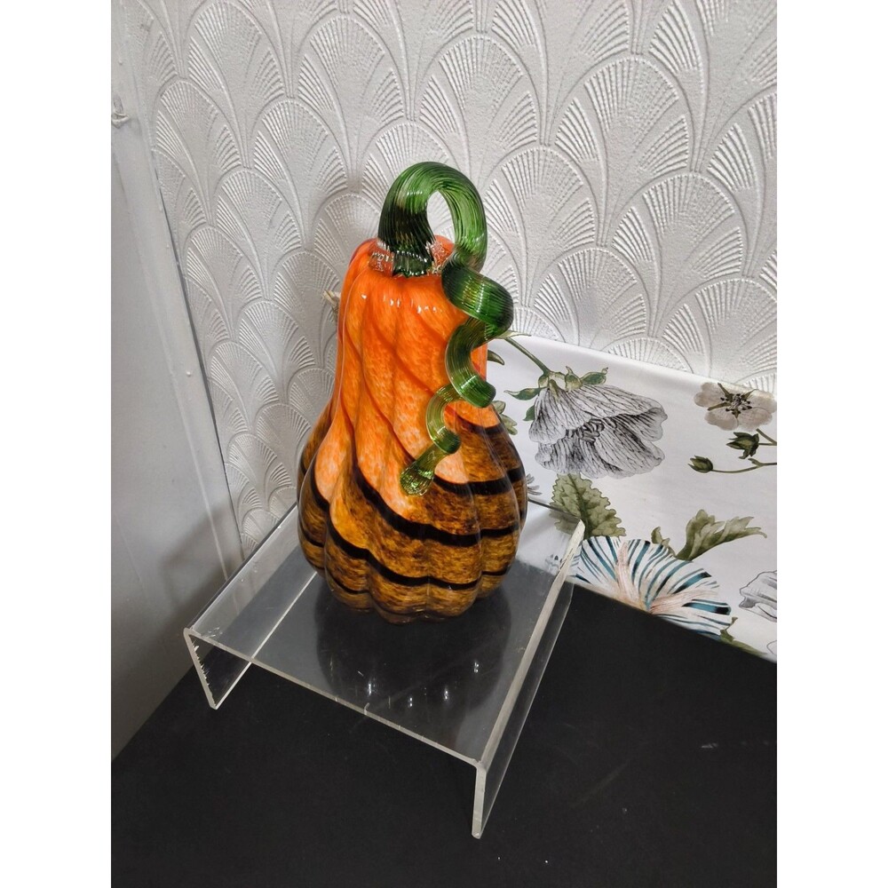 Hand Blown Glass Pumpkin orange & brown with green stem 12" Tall
